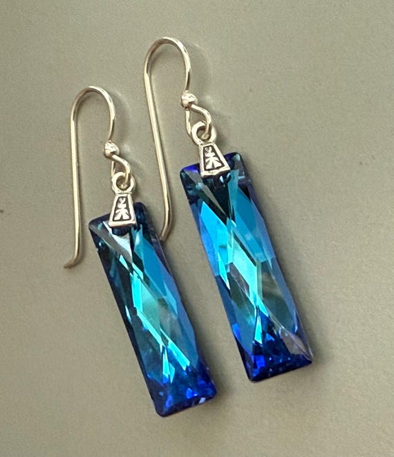 Blue Bar Earrings Sterling Silver, Bermuda Blue Austrian Crystal Drop Rectangular Earrings, Bridal Jewelry, Birthday Gift for Wife, Daughter