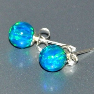 Opal Earrings Sterling Silver, 6mm Ball Stud Earrings, Blue Green Earrings, Opal Teal Earrings, Bohemian Opal Jewelry, October Birthstone