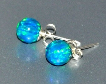 Opal Earrings Sterling Silver, 6mm Ball Stud Earrings, Blue Green Earrings, Opal Teal Earrings, Bohemian Opal Jewelry, October Birthstone