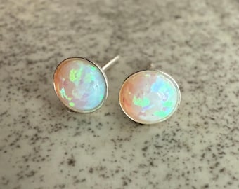 Opal Stud Earrings Sterling Silver, 6mm Stone, White Opal Earrings, Blue Earrings, Bridal Bohemian Opal Jewelry, Gift for Daughter, BFF