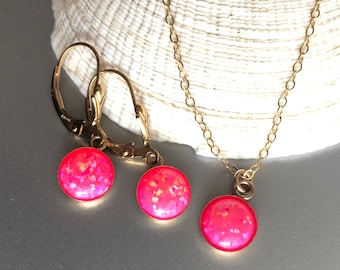 Hot Pink Opal Necklace Earrings Jewelry Set, Coin Opal Necklace, Hot Pink Opal Earrings Dangle, Opal Jewelry, Gift for Wife, Girlfriend