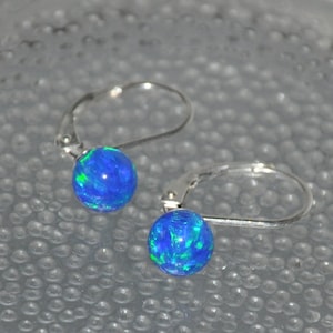 Blue Opal Earrings, Lever Back Earrings, Ball Opal Earrings Sterling Silver, Opal Jewelry, 6mm Stone, October Birthstone, Gift for Daughter