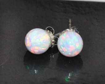 Opal Studs Sterling Silver, 8mm White Opal Ball Stud Earrings, Bridal Earrings, Bridal Jewelry, Gift for Wife, BFF, October Birthstone