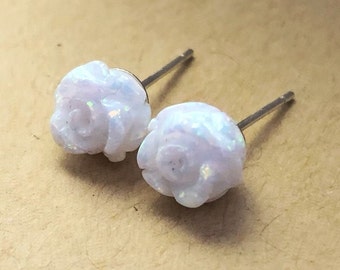 Handmade White Rose Stud Earrings, White Opal Earrings, October Birthstone, Bridal Jewelry, Gift for Daughter, Romantic Gift for Girlfriend