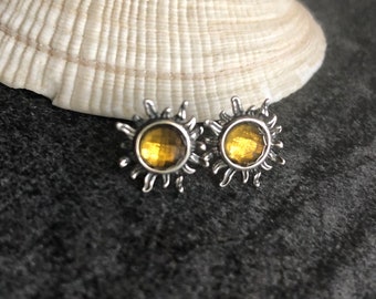 Genuine Citrine Sunshine Stud Earrings, Sterling Silver Sun Earrings, Celestial Earrings, Citrine Jewelry, Birthday Gift for Daughter