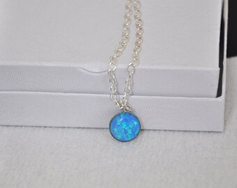 Blue Opal Necklace Sterling Silver Necklace, Adjustable Chain, Coin Pendant Necklace, Opal Jewelry, October Birthstone, Gift for Teacher