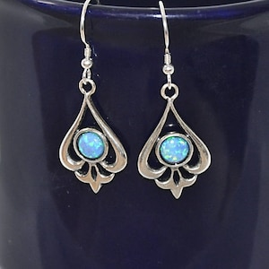 Blue Opal Earrings Dangle Sterling Silver,  Victorian Earrings,  Opal Jewelry, October Birthstone, Birthday Gift for Wife, Gierlfriend
