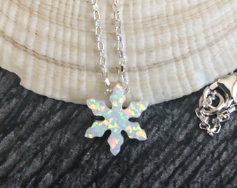 White Opal Necklace, Snowflake Necklace Sterling Silver, Bohemian Jewelry, Opal Jewelry, October Birthstone, Little Ballerina Gift