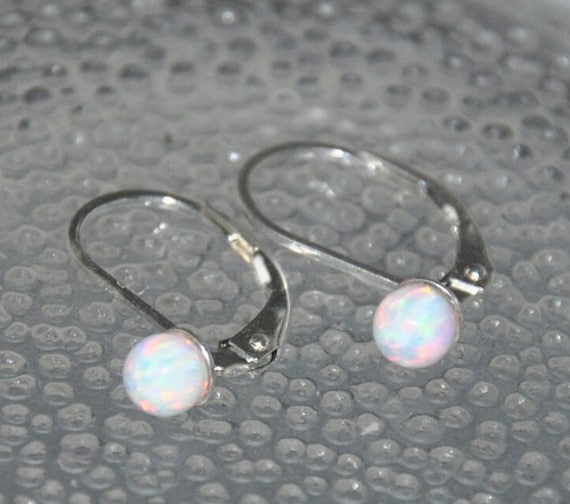 White Opal Earrings Leverback,  Sterling Silver, 4mm Opal Stones, Opal Jewelry, October Birthstone
