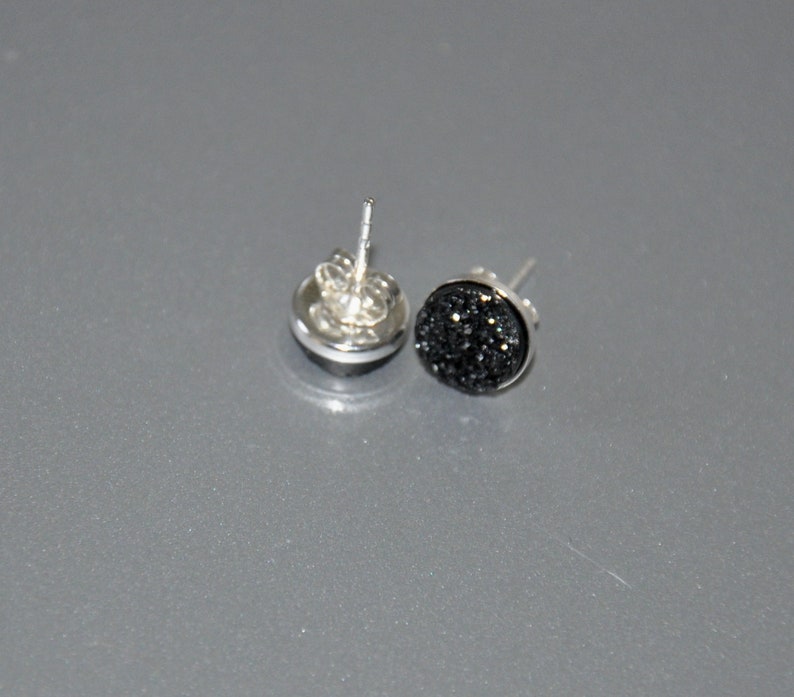 Black Druzy Stud Earrings Sterling Silver 8mm Stone Beaded Jewelry Quartz Titanium Druzy