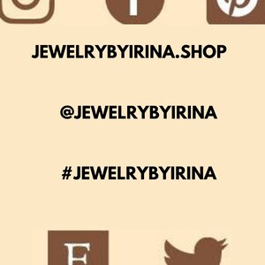 Op de afbeelding: Een lichtbruine grafische weergave met bruine sociale media-iconen voor Instagram, Facebook, Pinterest, Etsy en Twitter. De tekst bevat de website JEWELRYBYIRINA.SHOP, de handle @JEWELRYBYIRINA en de hashtag #JEWELRYBYIRINA in zwarte letters.