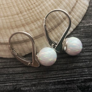 Opal Earrings Sterling Silver, Large Stone Lever back Earrings, 8mm Opal Ball, White Opal Earrings, October Birthstone, Gift for Girlfriend