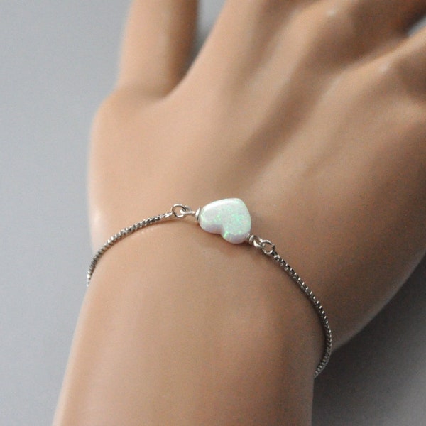 Heart Bracelet Opal, White Opal Bracelet, Bolo Bracelet for Women, Romantic Gift for Wife, Girlfriend, BFF, Opal Jewelry, October Birthstone