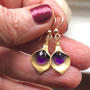 Calla Lily Earrings, Genuine Amethyst Drop Earrings, Gold Flower Earrings, Bridesmaid Gift, Bridal Bohemian Jewelry, Gift for Mom, Daughter