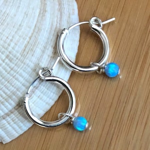 Blue Opal Earrings, Small Hoop Earrings Sterling Silver, Opal Huggie Earrings, Minimalistic Jewelry, October Birthstone, BFF Birthday Gift
