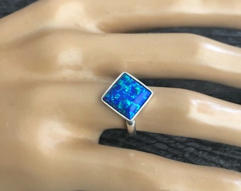 Opal Ring Sterling Silver, Blue Stone Ring Square, Size 7, October Birthstone, Promise Ring, Opal Jewelry, Blue Opal Ring, Birthday Gift
