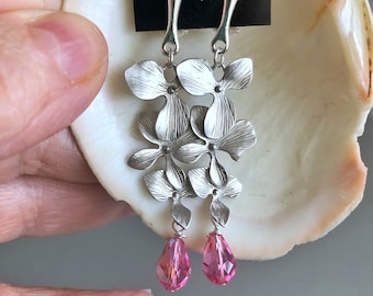 Indian Pink Crystal Clip on Earrings Sterling Silver, Non Pierced Ears Earrings, Bridal Long Orchid Flowers Earrigs, Gift for Daughter, BFF