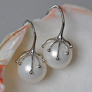 Large Pearl Drop Earrings Sterling Silver, Pearl Earrings, Handmade Bridal Bohemian Pearl Jewelry, Birthday Gift for Wife, Girlfriend