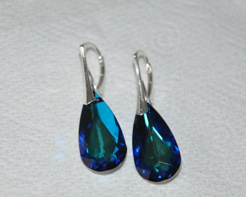 Blue Crystal Lever Back Earrings, Large Teardrop Earrings Sterling Silver, Handmade Bridal Jewelry, Maid of Honor Gift, Gift for Wife, BFF image 6