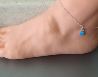 Blue Opal Anklet, Solid Silver Anklet for Women, Adjustable Ankle Bracelet, Opal Jewelry, October Birthstone, Beach Jewelry, Gift for BFF
