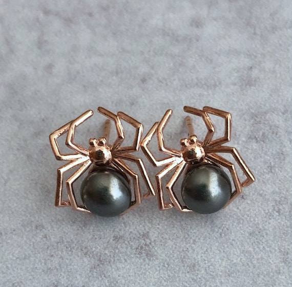 Spider Earrings with Pearls, Rose Gold Stud Earrings, Halloween Earrings, Spider Jewelry, Gift for Goth Girl, Nature Inspired Jewelry