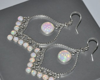 White Opal Earrings, Bridal Earrings Chandelier,  Bridal Beaded Bohemian Opal Jewelry,  October Birthstone