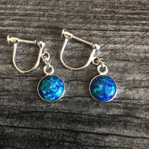 Screw Back Earrings, Pacific Blue Opal Earrings for Non-Pierced Ears Sterling Silver, Opal Jewelry, Gift for Daughter, October Birthstone