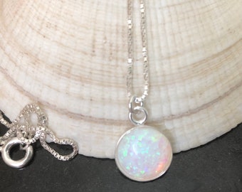 Opal Coin Necklace Sterling Silver, White Opal Necklace, 10mm Stone, Layering Chain Necklace, October Birthstone, Opal Jewelry