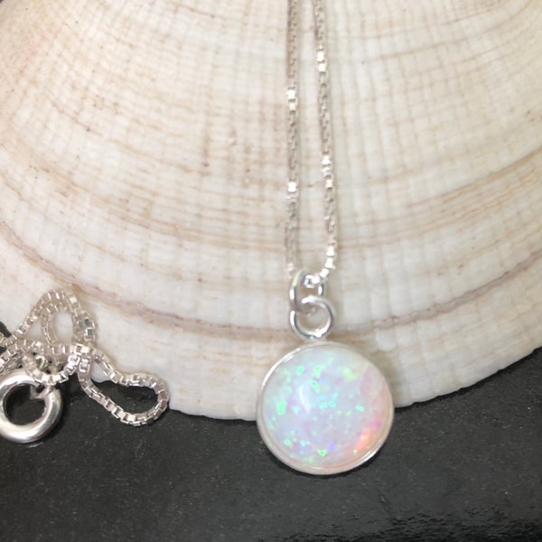 Opal Coin Necklace Sterling Silver, White Opal Necklace, 10mm Stone, Layering Chain Necklace, October Birthstone, Opal Jewelry