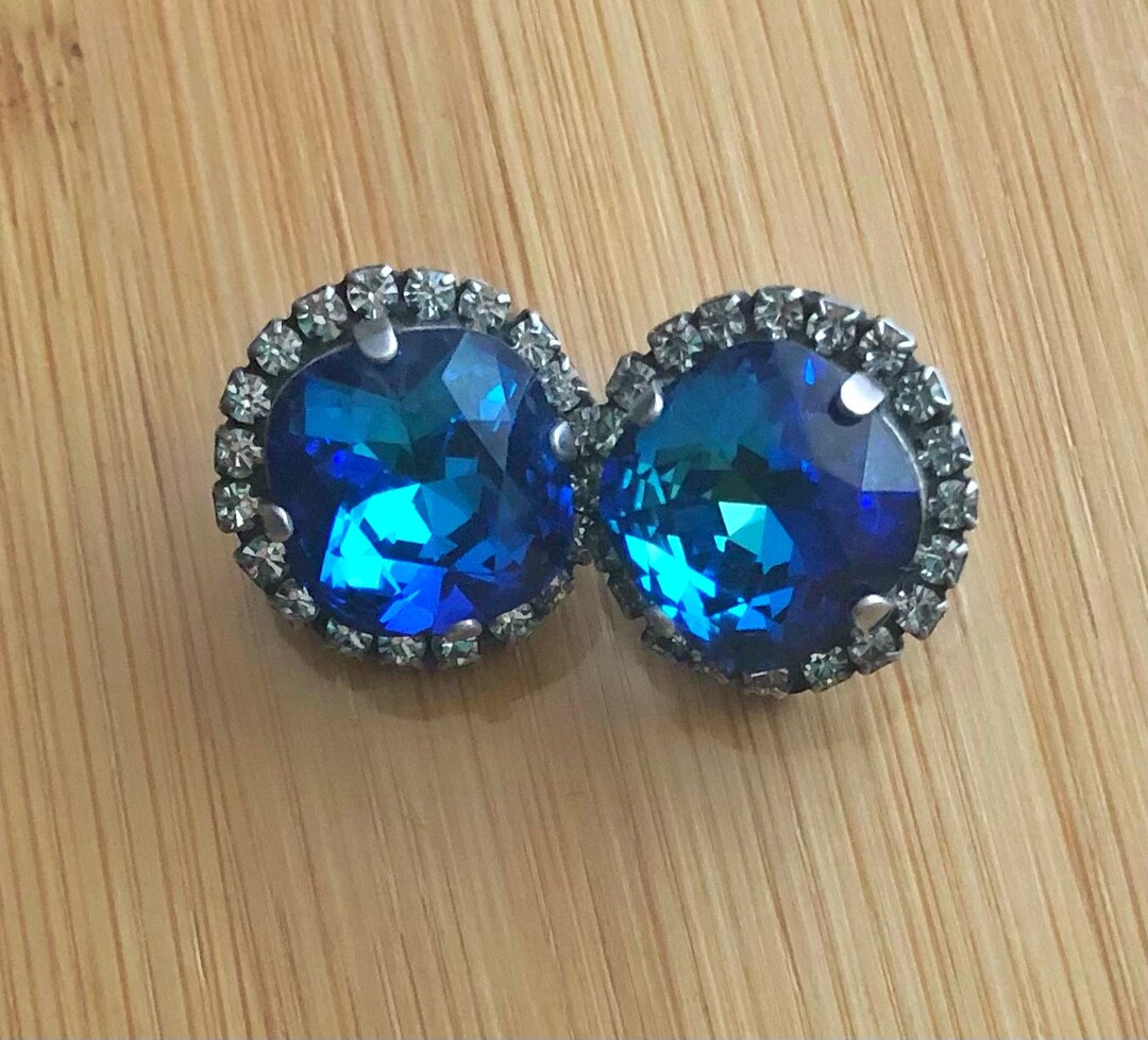 Clip on Earrings Crystal, Sapphire Blue Crystal Earrings, Large Clipon