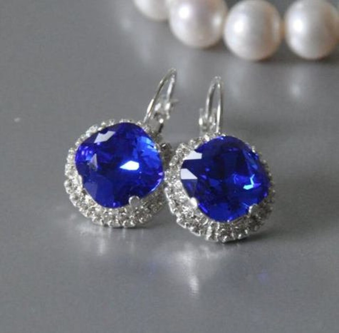 Pendientes De Plata Esterlina 925 Con Halo Azul Y Cristales Europeos | Cierre De Palanca (leverback)