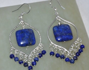 Lapis Earrings,  Chandelier Earrings Sterling Silver, Lapis Lazuli Gemstone,  Beaded Bohemian Bridal Gemstone Jewelry