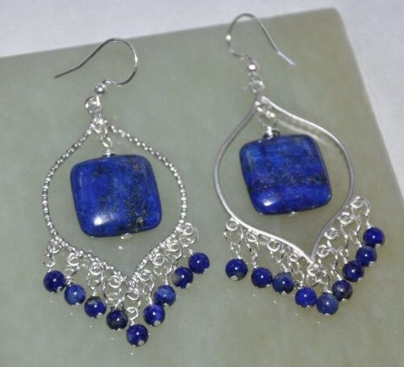 Lapis Lazuli Chandelier Earrings Dark Blue Gemstone 925 Sterling Silver Hook Lapis Lazuli Chandelier Earrings Dark Blue Gemstone 925 Sterling Silver Hook