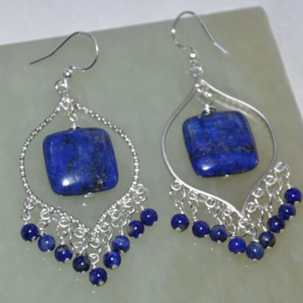 Lapis Earrings,  Chandelier Earrings Sterling Silver, Lapis Lazuli Gemstone,  Beaded Bohemian Bridal Gemstone Jewelry