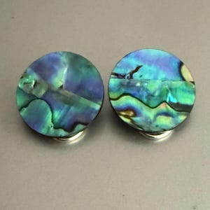 May include: A pair of round, iridescent earrings with a blue, green and gold abalone shell design.