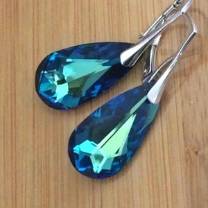 Blue Crystal Lever Back Earrings, Large Teardrop Earrings Sterling Silver, Handmade Bridal Jewelry, Maid of Honor Gift, Gift for Wife, BFF image 3