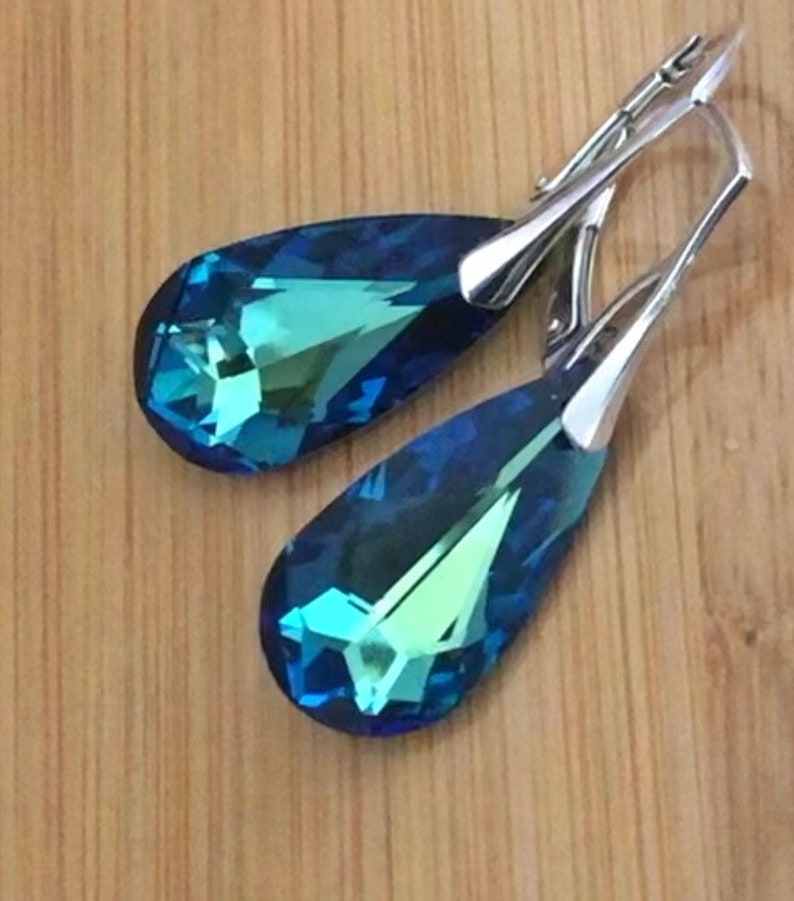 Blue Crystal Lever Back Earrings, Large Teardrop Earrings Sterling Silver, Handmade Bridal Jewelry, Maid of Honor Gift, Gift for Wife, BFF image 3