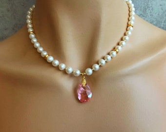 Handmade Freshwater Pearl and Crystal Necklace Gold, Pink Crystal Pendant Necklace, Handmade Wedding Jewelry, Mother of the Bride Gift