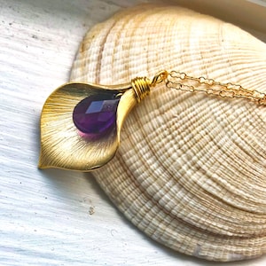 Gold Calla Lily Necklace with Amethyst, Perfect Gift for Mom, February Birthstone, Handmade Unique Bridal Bohemian Jewelry