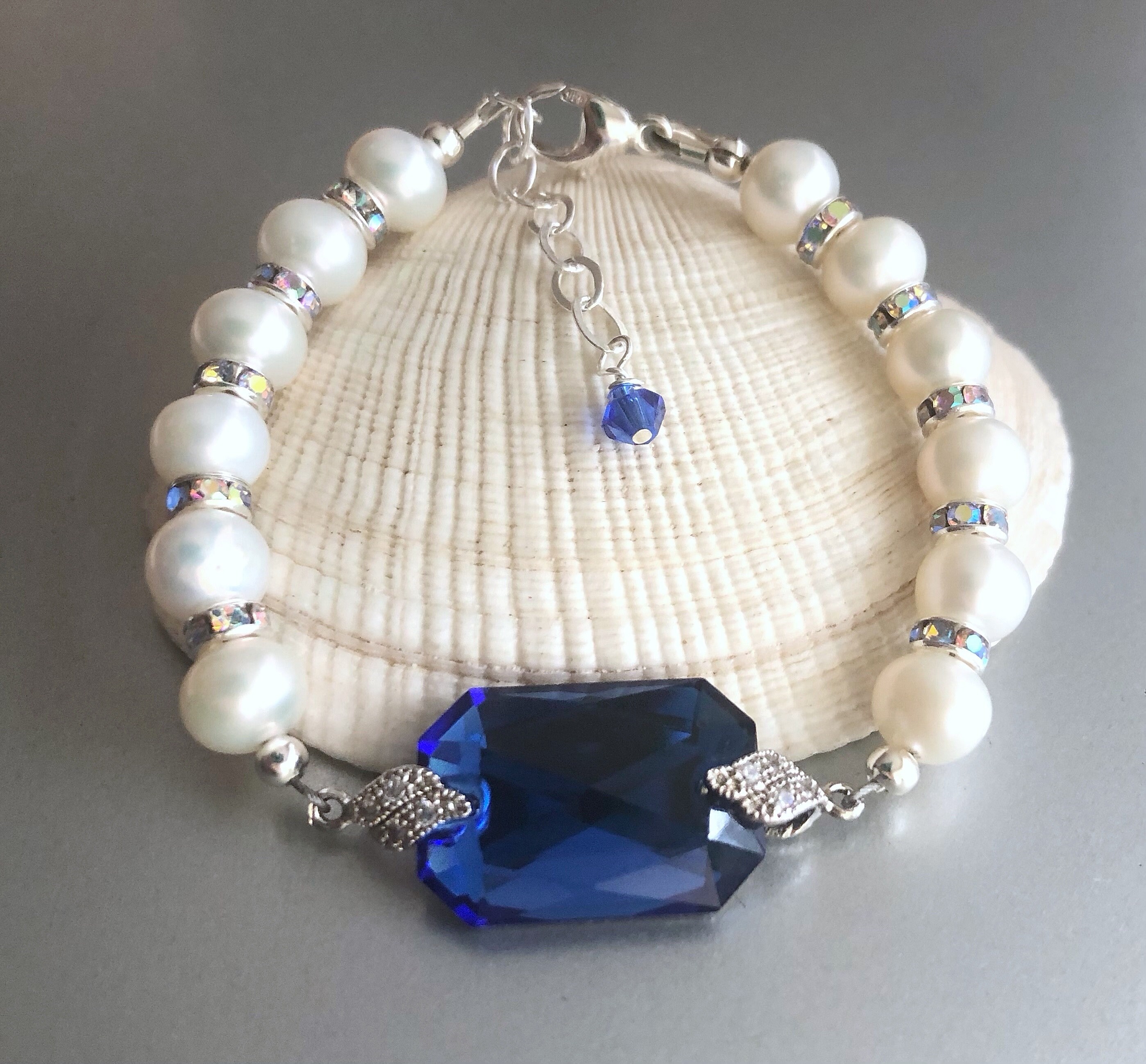 Real Freshwater Pearl and Crystal Bracelet Sterling Silver Sapphire Blue Bracelet with Pearls, One of a Kind Jewelry for Mother of the Bride