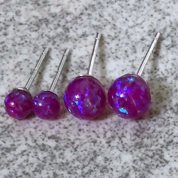 Purple Opal Earrings Sterling Silver, Ball Stud Earrings, Opal Studs, 6mm 4mm, Opal Earrings Set, Opal Jewelry, October Birthstone