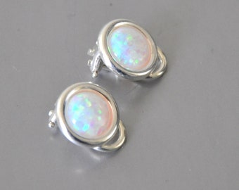 White Opal Earrings Sterling Silver, Clip on Earring, Blue Opal Earring, Clips, Opal Jewelry, Non-Pierced Ears Earring, Gift for Wife, 7/16&quot;