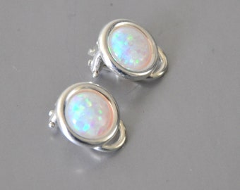 White Opal Earrings Sterling Silver,  Clip on Earrings,  Blue Opal Earrings,  Opal Jewelry