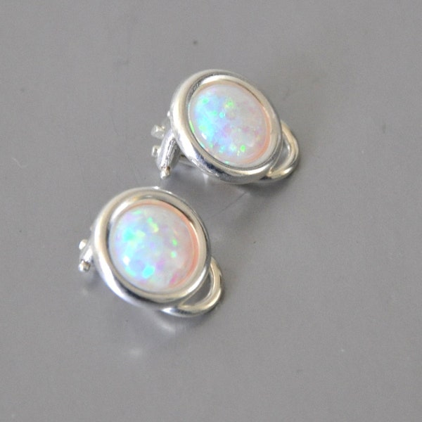 White Opal Earrings Sterling Silver,  Clip on Earrings,  Blue Opal Earrings,  Opal Jewelry