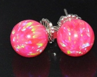 Hot Pink Opal Earrings Sterling Silver, Opal Ball Earrings, Large Stud Earrings for Women, Ball Stud Earrings, Opal Jewelry, 10mm Opal