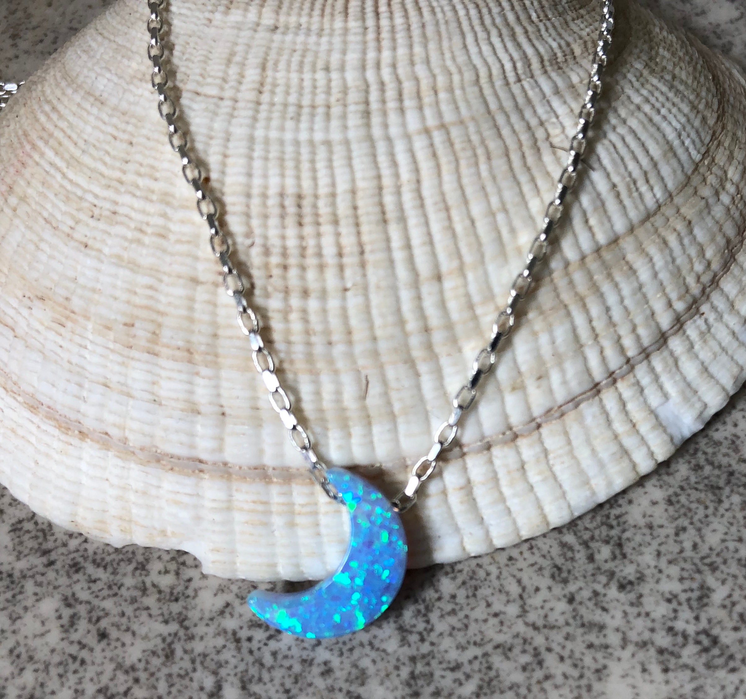 Blue Opal Moon Necklace Sterling Silver Moon Phase Necklace | Etsy