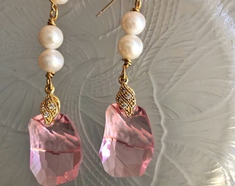 Pink Crystal Earrings Gold, Real Pearl Stud Earrings Dangle, Bridal Bohemian Jewelry, Bridesmaid Gift, Daughter, Mother of the Bride Gift