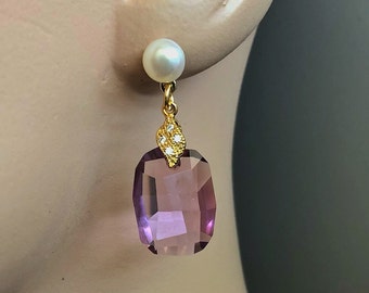 Light Purple Earrings Gold, Real Pearl Stud Earrings, Purple Crystal Earrings Bridal, Bridal Bohemian Jewelry, Mother of the Bride Gift