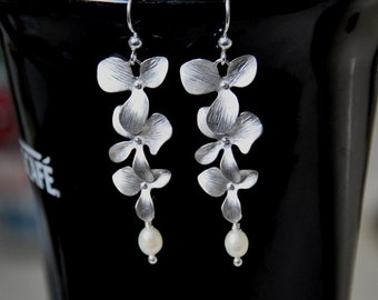 Silver Orchids Earrings with Pearls, Pearl Drop Earrings, Bridal Dangle Earrings, Bridesmaid Gift, Bridal Bohemian Pearl Jewelry