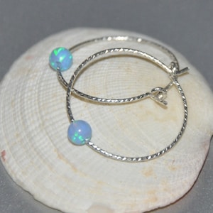 Blue Opal Hoop Earrings 7/8&quot;, Opal Earrings Sterling Silver, 4mm Opal, Bridal Jewelry, Opal Jewelry, October Birthstone, Gift for Daughter